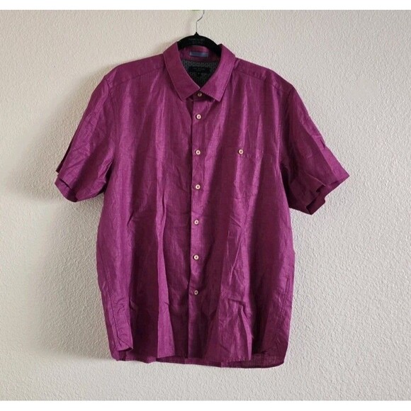 Ted Baker Button Up Shirt Size 6 Mens Purple Short Sleeve Linen Cotton Blend XXL - Picture 1 of 10